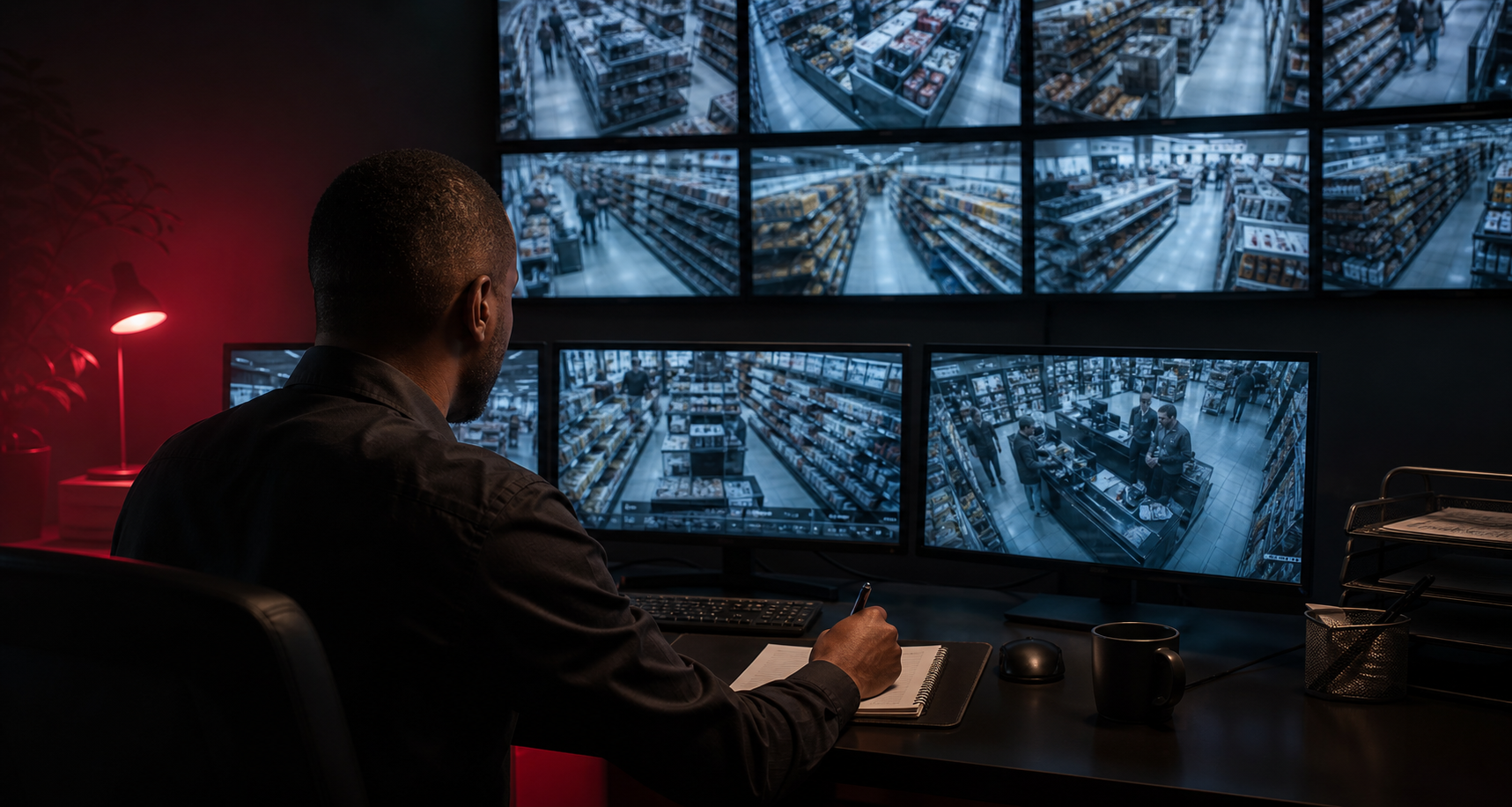 Investigator reviewing supermarket security camera footage in a monitoring room